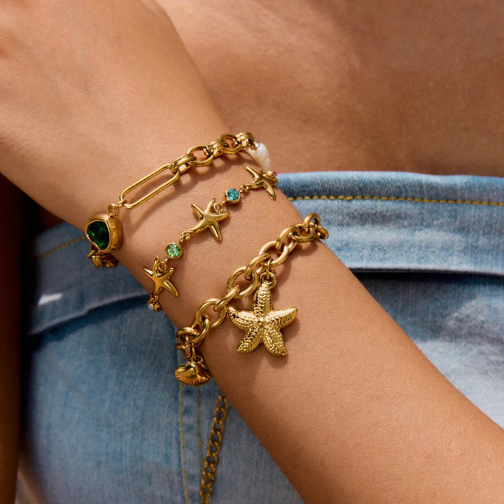 Gold Plated Stainless Steel Crystal Starfish Bracelet for Women