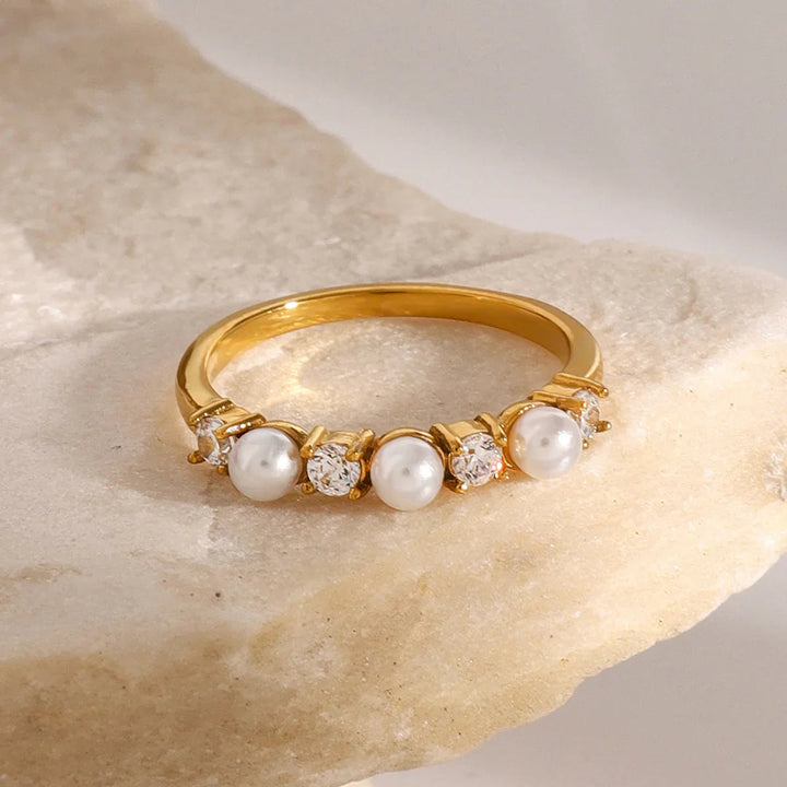 Gold-Plated Faux Pearl CZ Ring for Women