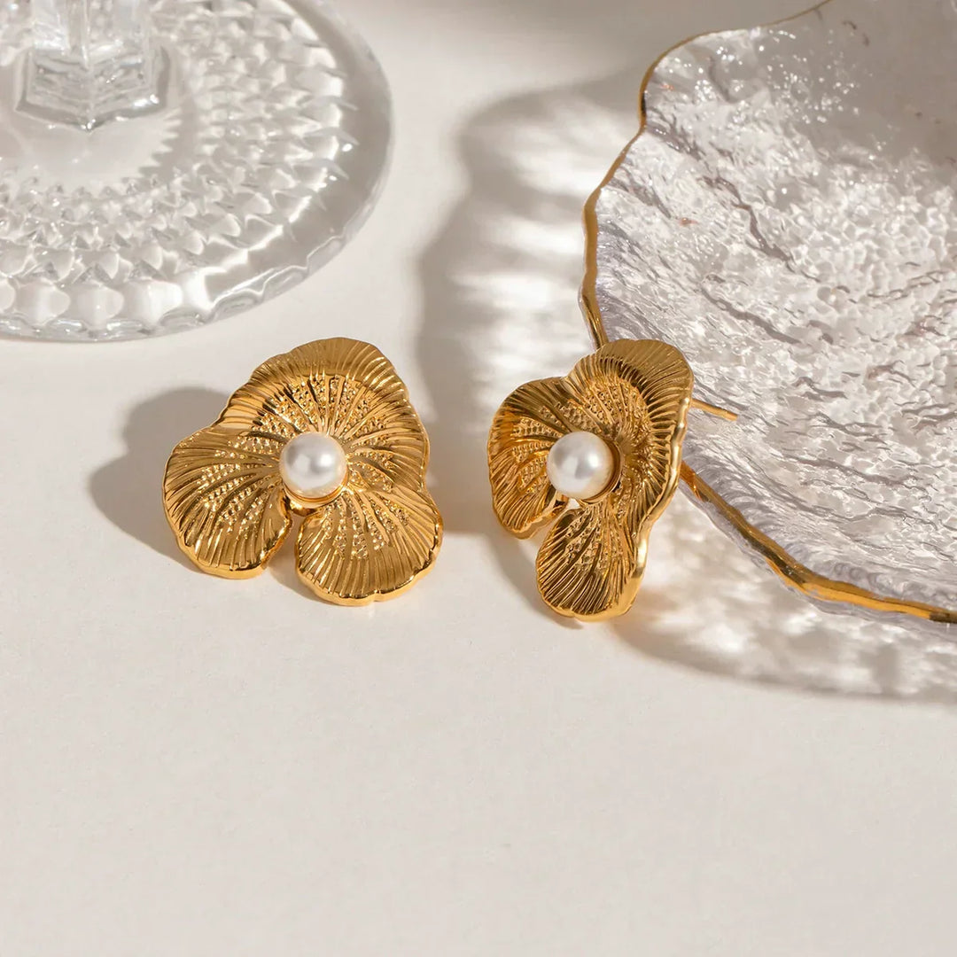 Gold-Plated Faux Pearl Floral Stud Earrings for Women