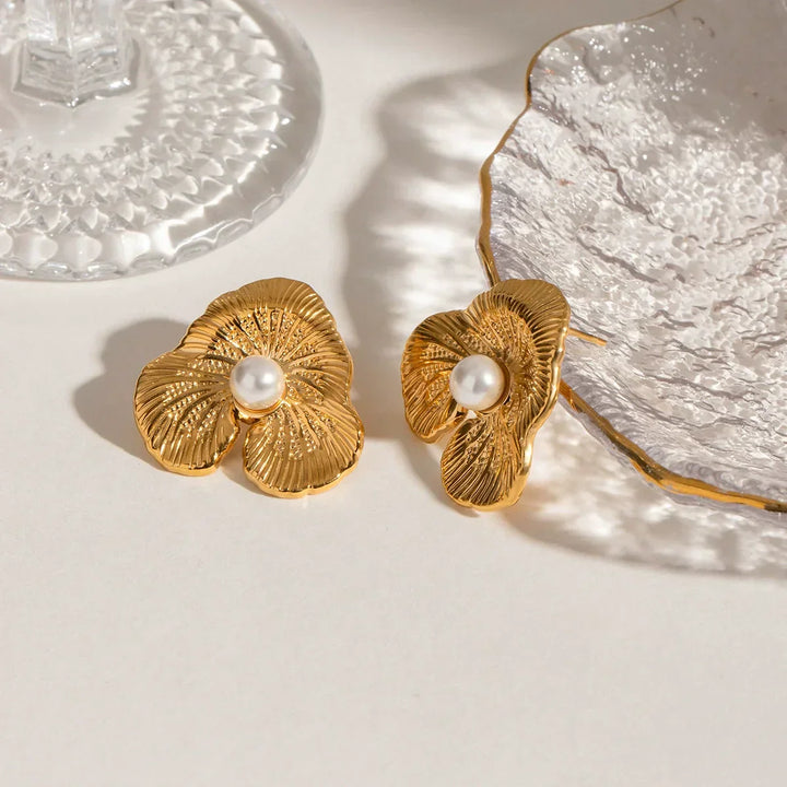 Gold-Plated Faux Pearl Floral Stud Earrings for Women