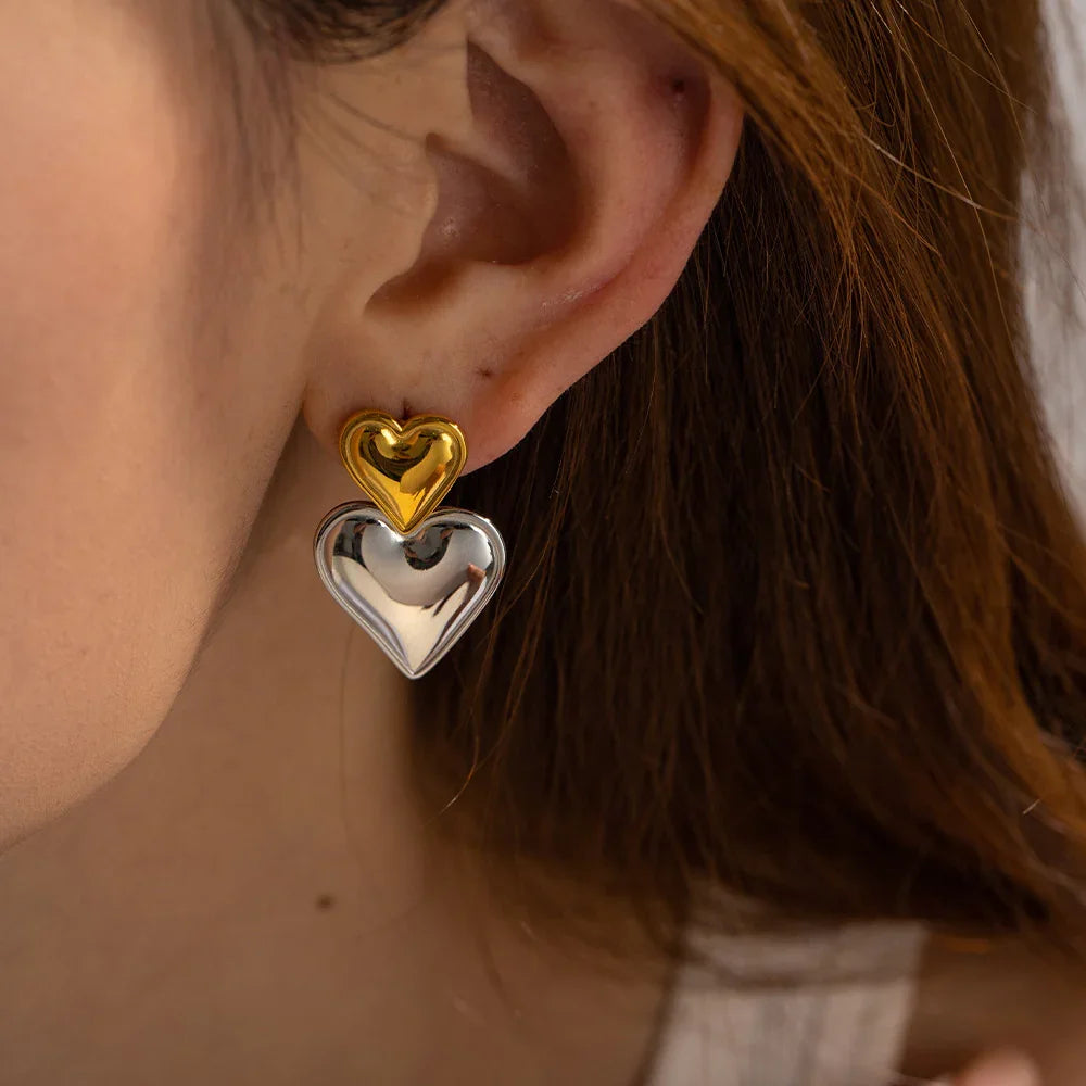 Gold Silver Two-Tone Heart Earrings with Stainless Steel