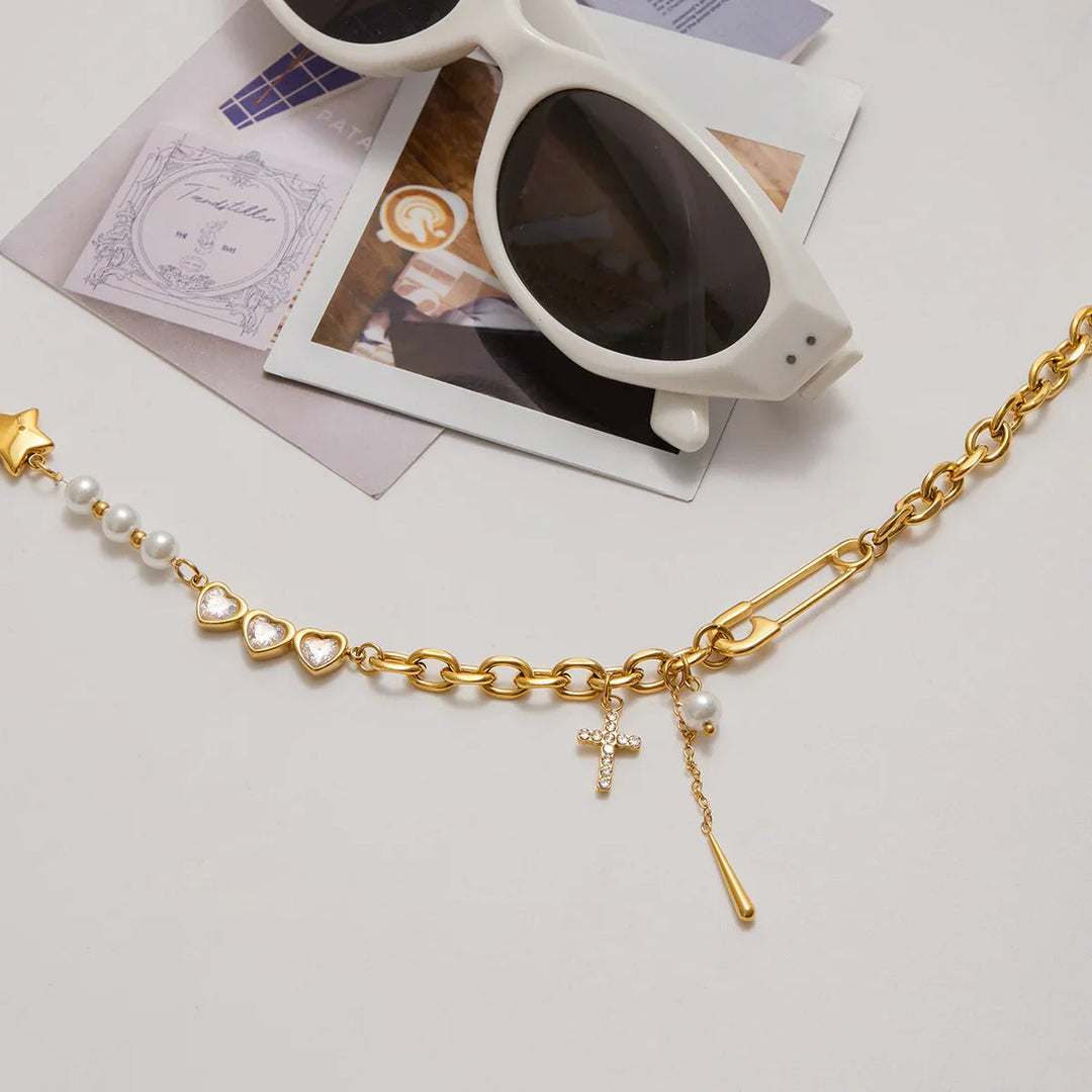 Gold Plated Cubic Zirconia Faux Pearl Chain Necklace for Women