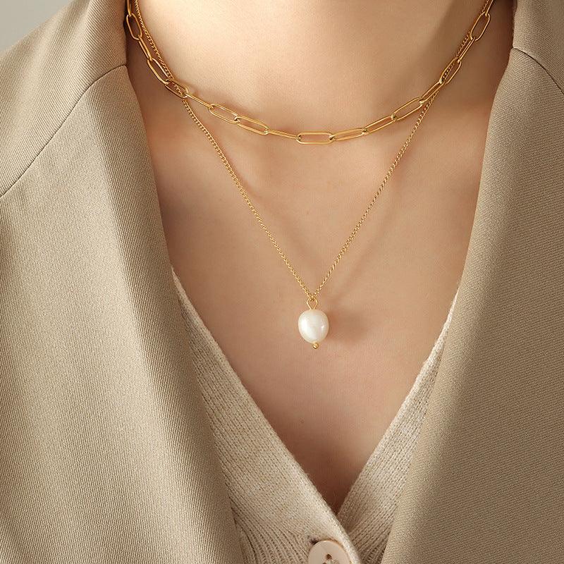 Gold-Plated Layered Faux Pearl Necklace