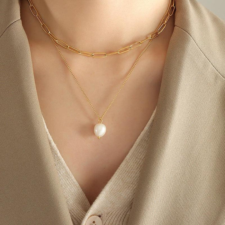 Gold Plated Faux Pearl Layered Pendant Necklace for Women
