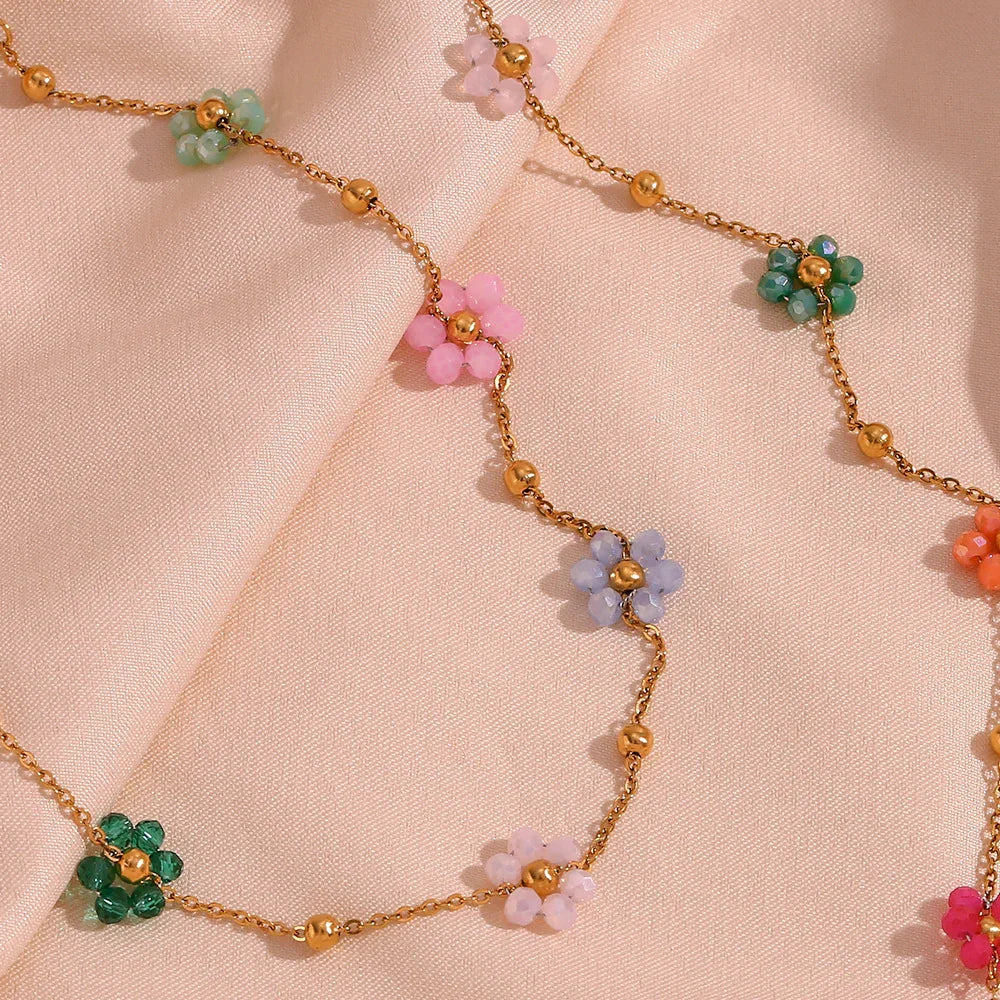 Gold-Plated Dainty Glass Flower Chain Necklace for Women