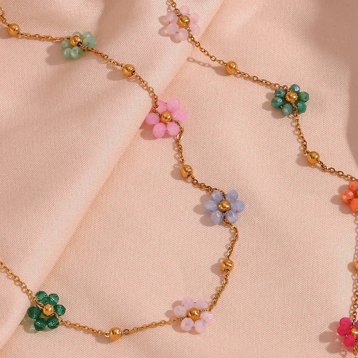 Gold-Plated Dainty Glass Flower Chain Necklace for Women