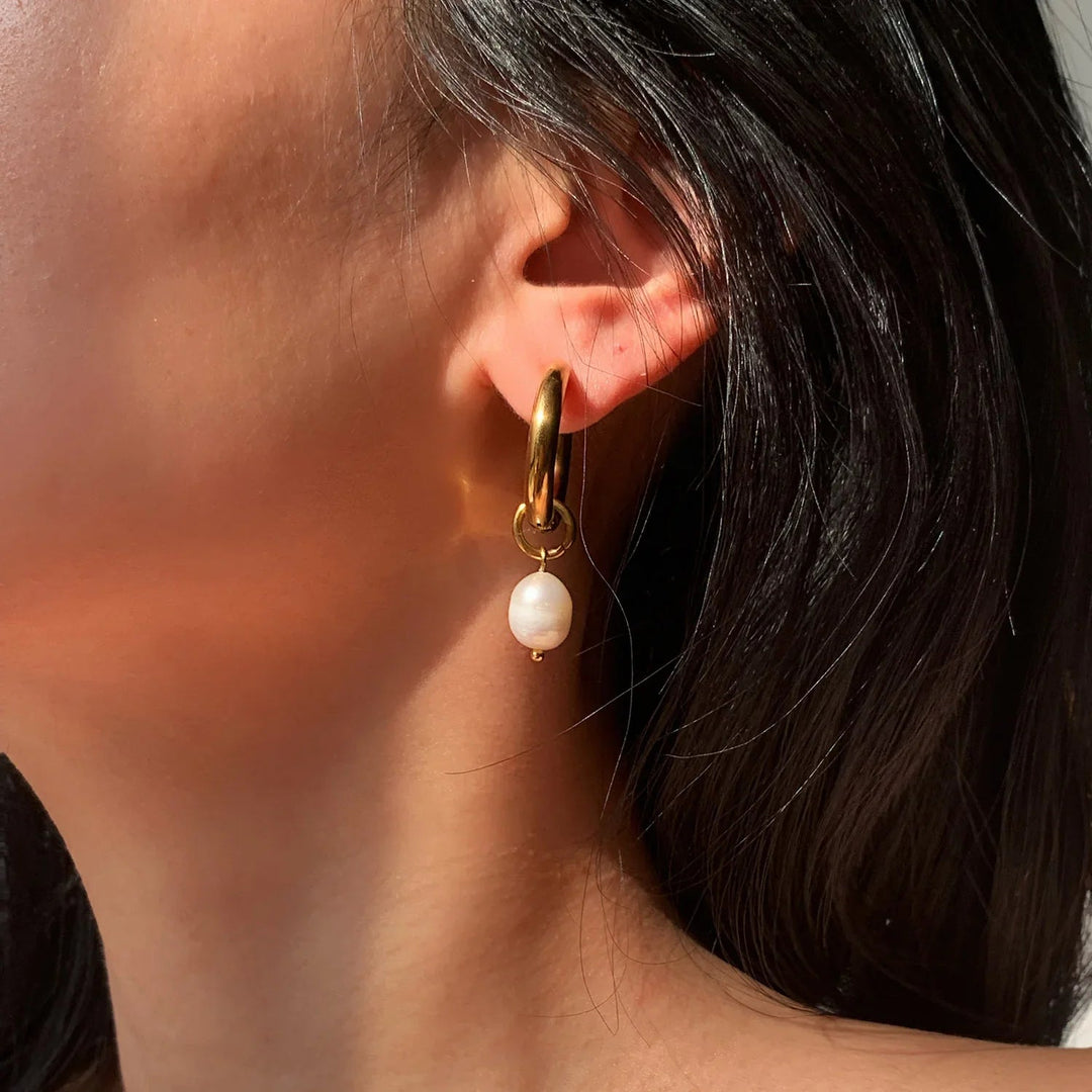 Gold-Plated Stainless Steel Faux Pearl Hoop Drop Earrings for Women