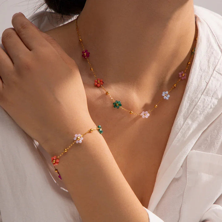Gold-Plated Dainty Glass Flower Chain Necklace for Women