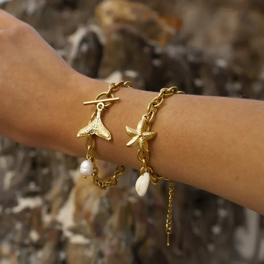 Gold-Plated Freshwater Pearl Bracelet with Mermaid Tail Pendant