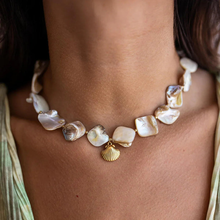 Gold-Plated Faux Pearl Seashell Necklace for Women