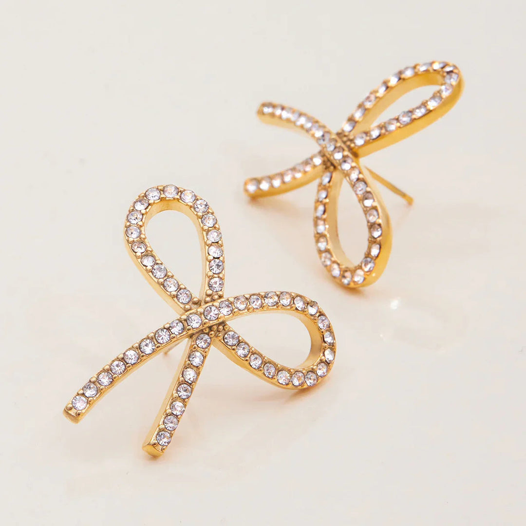 Gold Plated Bow Stud Cubic Zirconia Earrings for Women