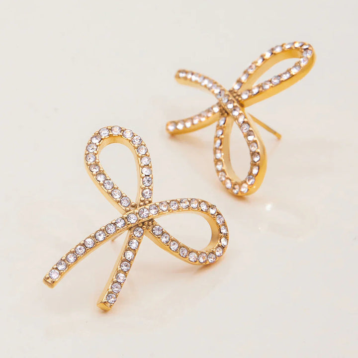 Gold Plated Bow Stud Cubic Zirconia Earrings for Women
