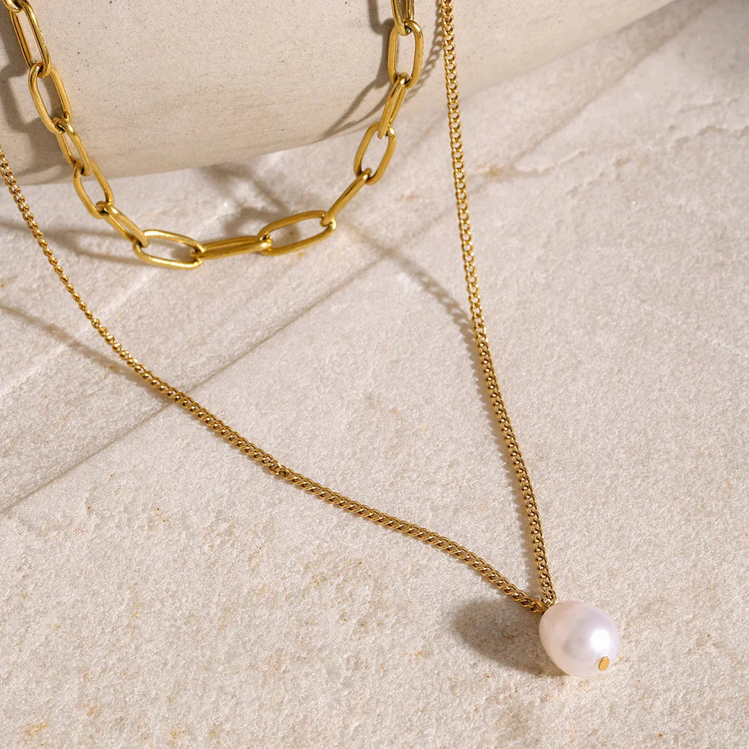 Gold Plated Faux Pearl Layered Pendant Necklace for Women