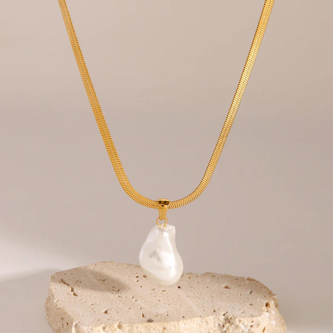 Gold-Plated Faux Pearl Herringbone Pendant Necklace