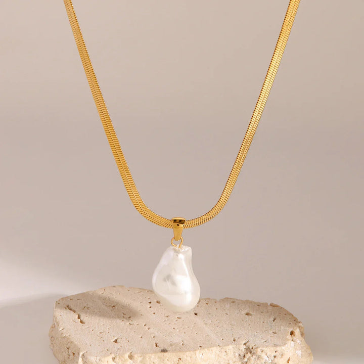 Gold-Plated Faux Pearl Herringbone Pendant Necklace