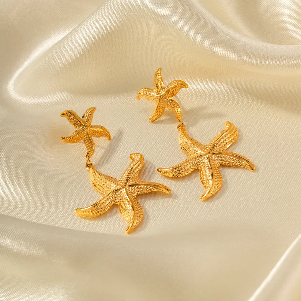 Gold-Plated Stainless Steel Starfish Drop Earrings