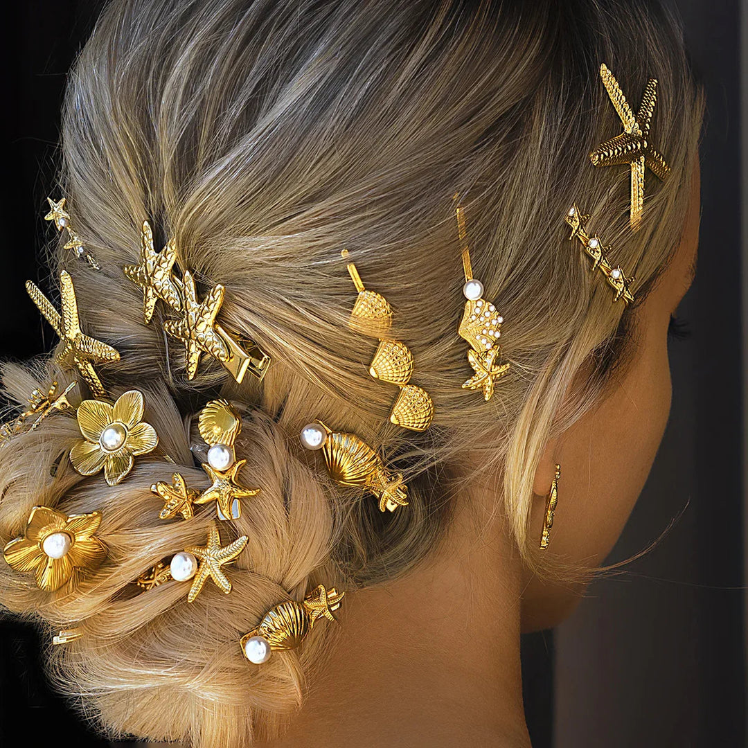 Gold-Plated Pearl Pin with Starfish &amp; Shell Detail