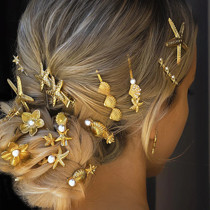 Gold-Plated Pearl Pin with Starfish &amp; Shell Detail