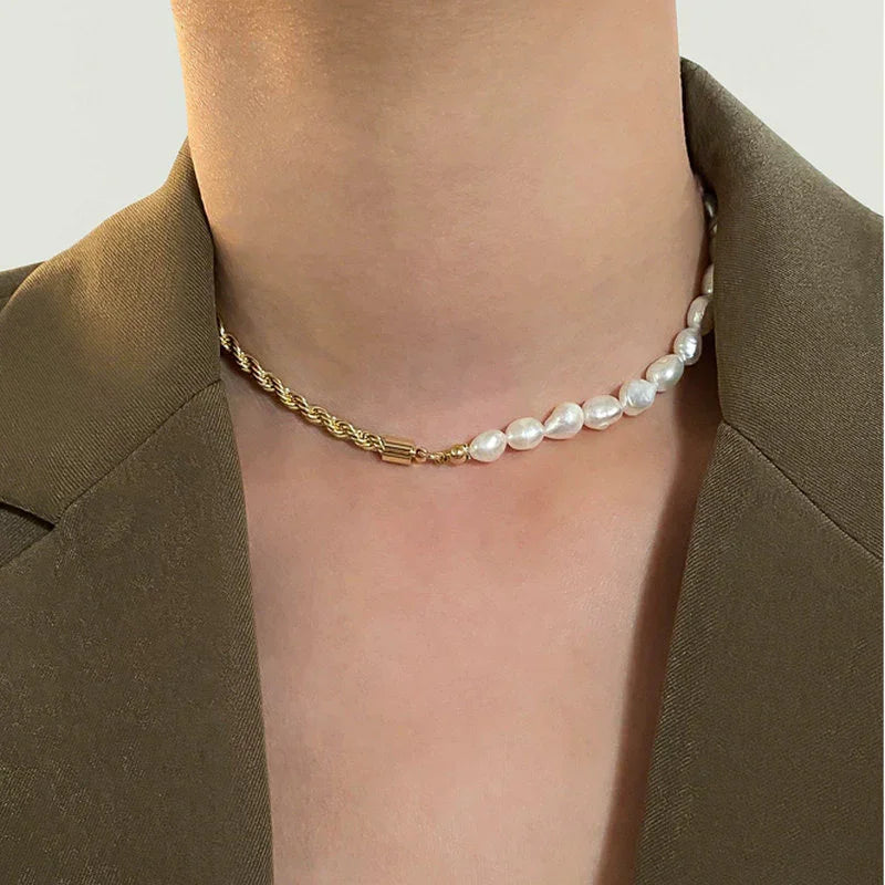 Statement Gold-Plated Faux Pearl Chain Necklace for Women