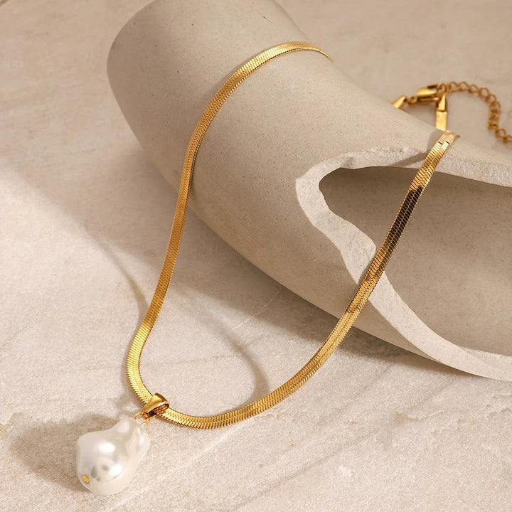 Gold-Plated Faux Pearl Herringbone Pendant Necklace