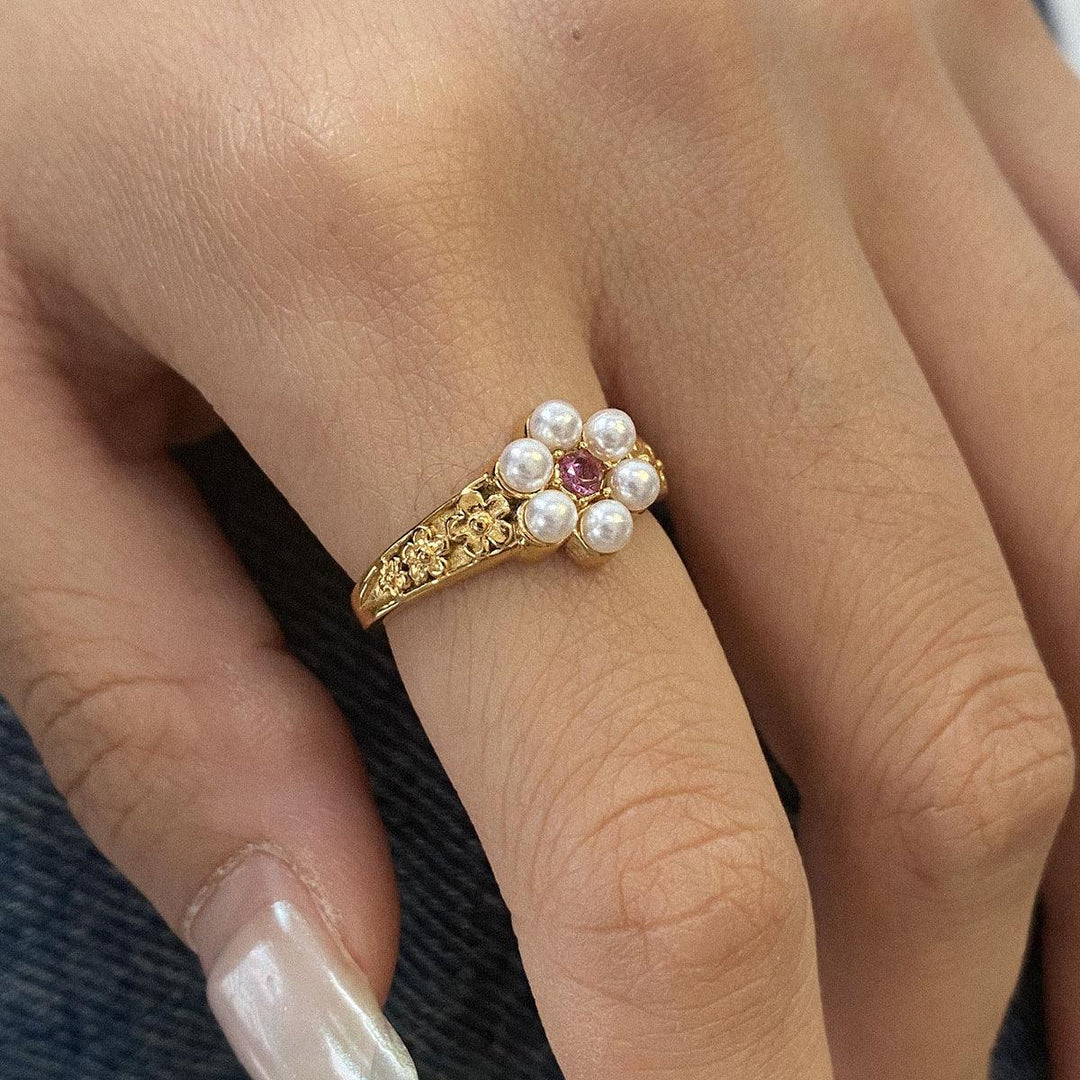 Gold-Plated Faux Pearl Floral Statement Ring for Women