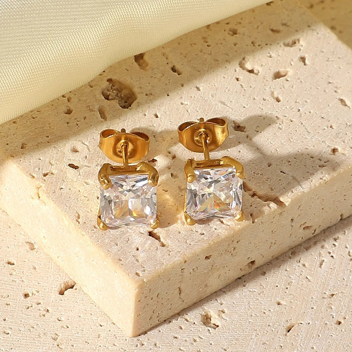 Gold-Plated Cubic Zirconia Stud Earrings for Women Steel Solitaire Studs
