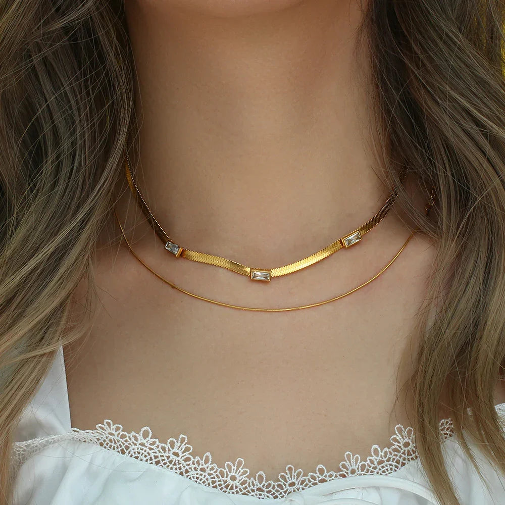 Gold-Plated Cubic Zirconia Herringbone Chain Necklace for Women