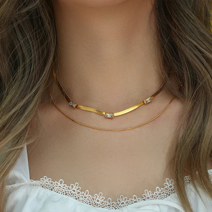 Gold-Plated Cubic Zirconia Herringbone Chain Necklace for Women