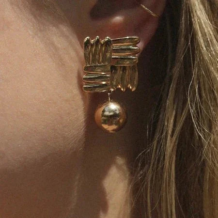 Gold-Plated Crisscross Square Earring and Whimsical Sphere Detail