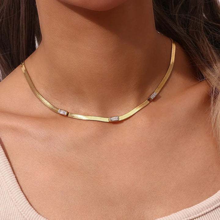 Gold-Plated Cubic Zirconia Herringbone Chain Necklace for Women