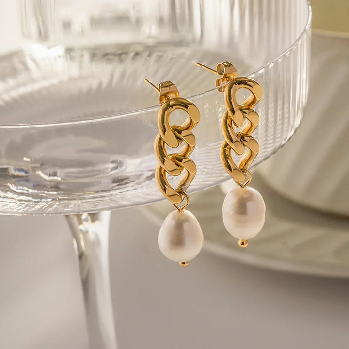 Gold-Plated Faux Pearl Chain Drop Earrings