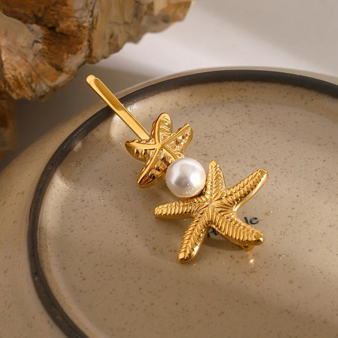 Gold-Plated Twin Starfish-Freshwater Pearl French Pin