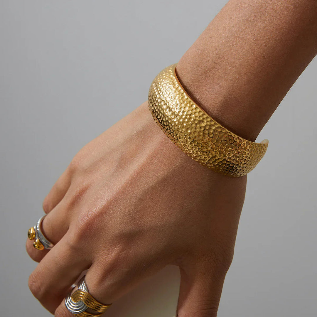 Gold Plated Stainless Steel Textured Cuff Bracelet for Women