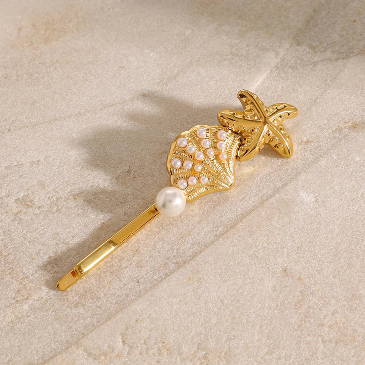 Gold-Plated Pearl Pin with Starfish &amp; Shell Detail