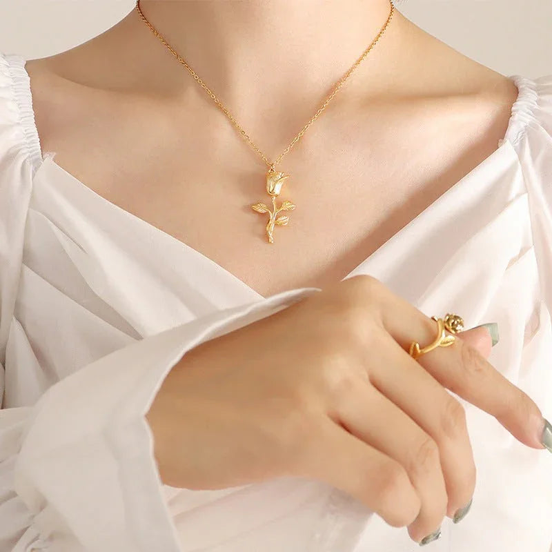 Gold-Plated Rose Pendant Necklace for Women