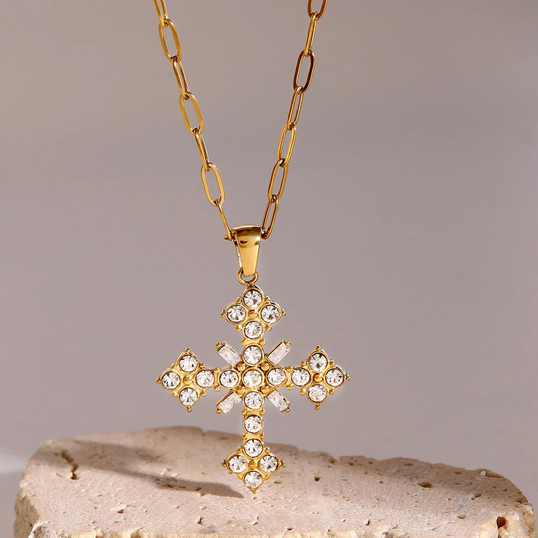 Gold-Plated Crystal Cross Pendant Necklace
