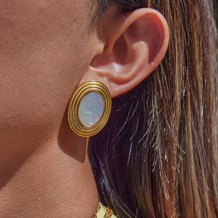 Gold Plated Enamel Stud Oval Retro Earrings for Women