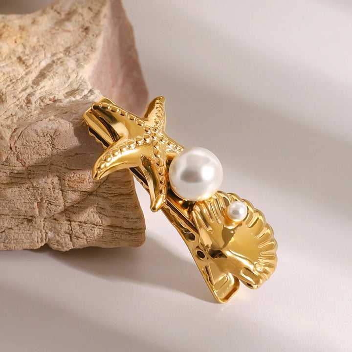 Gold-Plated Sea Shell &amp;amp; Starfish Hair Clip with Faux Pearl