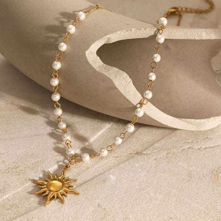 Gold-Plated Sun Pendant Freshwater Faux Pearl Necklace