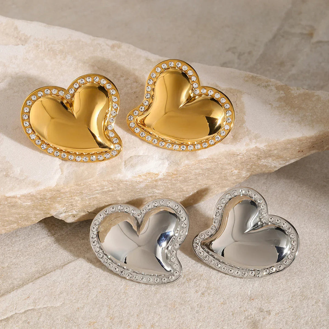 Gold-Plated Cubic Zirconia Heart Stud Earrings for Women