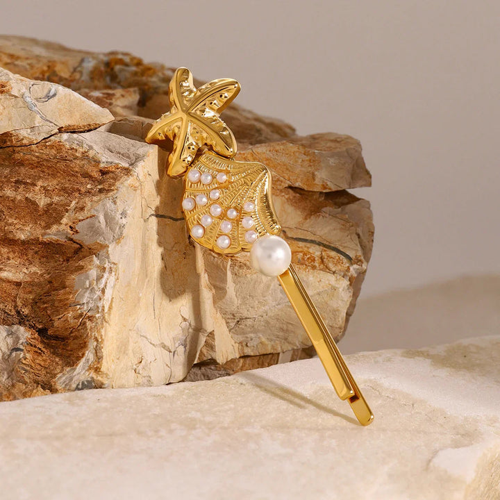 Gold-Plated Pearl Pin with Starfish &amp; Shell Detail