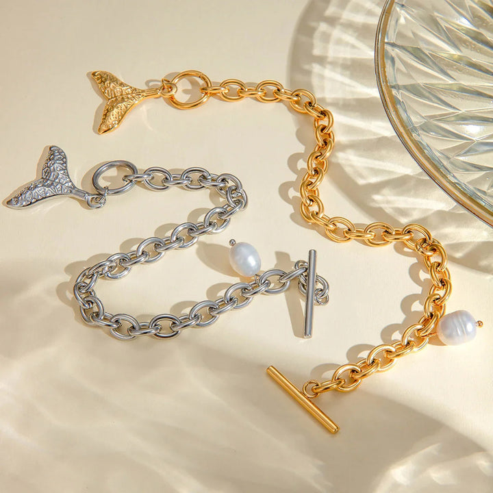 Gold-Plated Freshwater Pearl Bracelet with Mermaid Tail Pendant