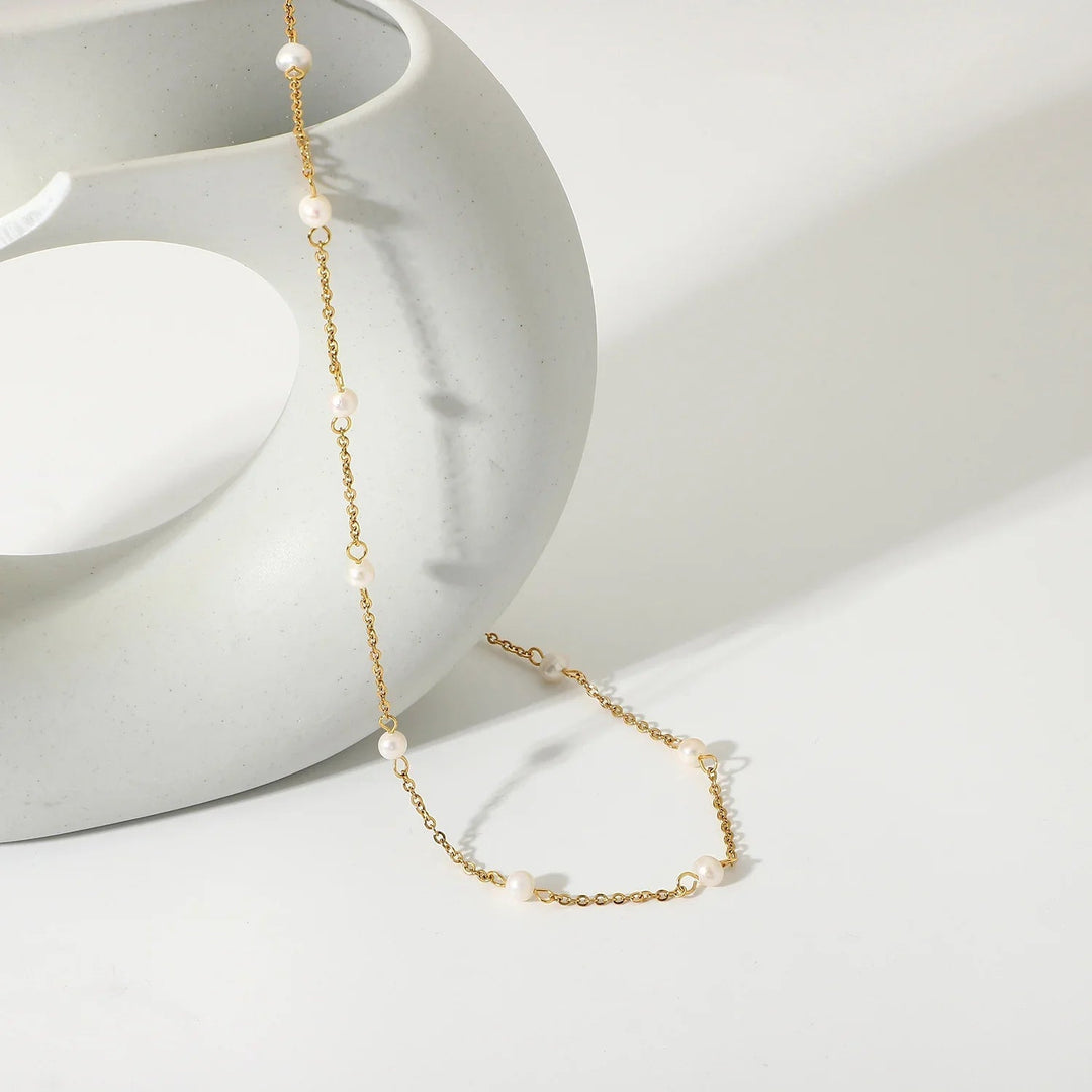 Gold-Plated Stainless Steel Faux Pearl Beaded Necklace for Women