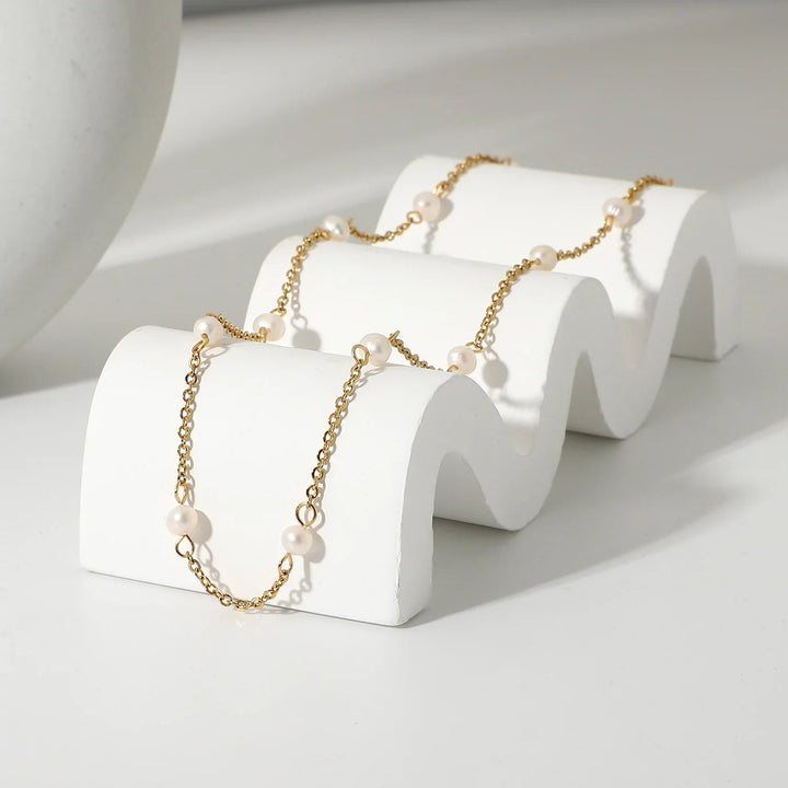 Gold-Plated Stainless Steel Faux Pearl Beaded Necklace for Women