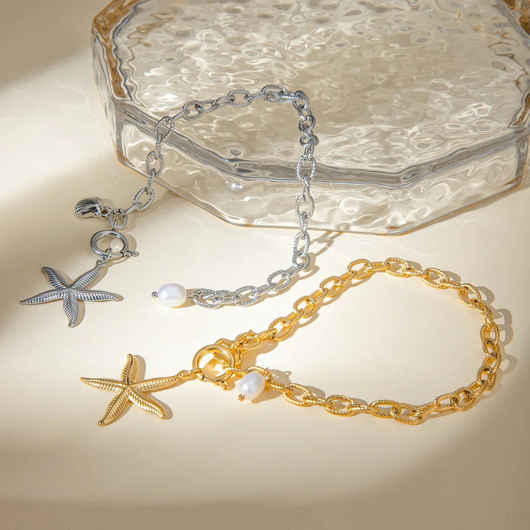 Gold-Plated Freshwater Pearl Bracelet with Starfish and Seashell Pendants