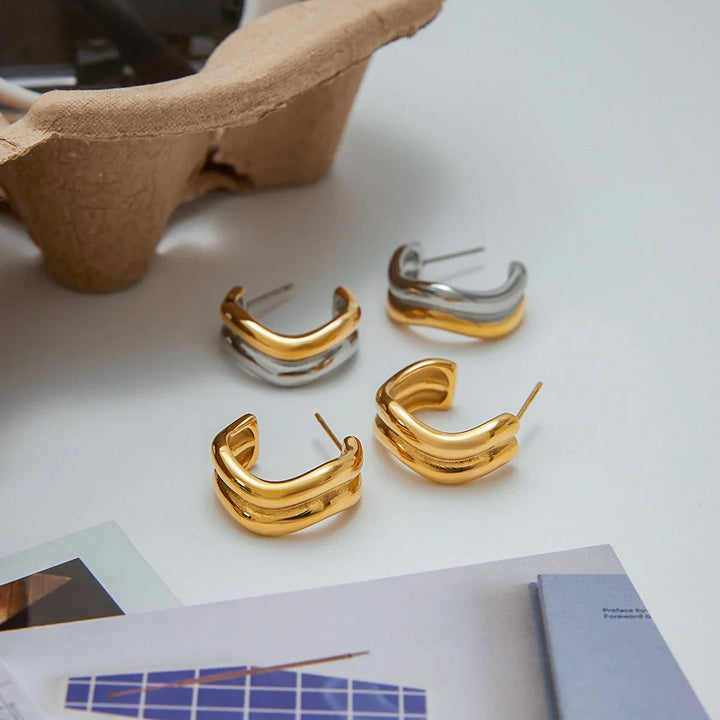 Gold Plated Stainless Steel Double Curve Hoop Earrings for Women