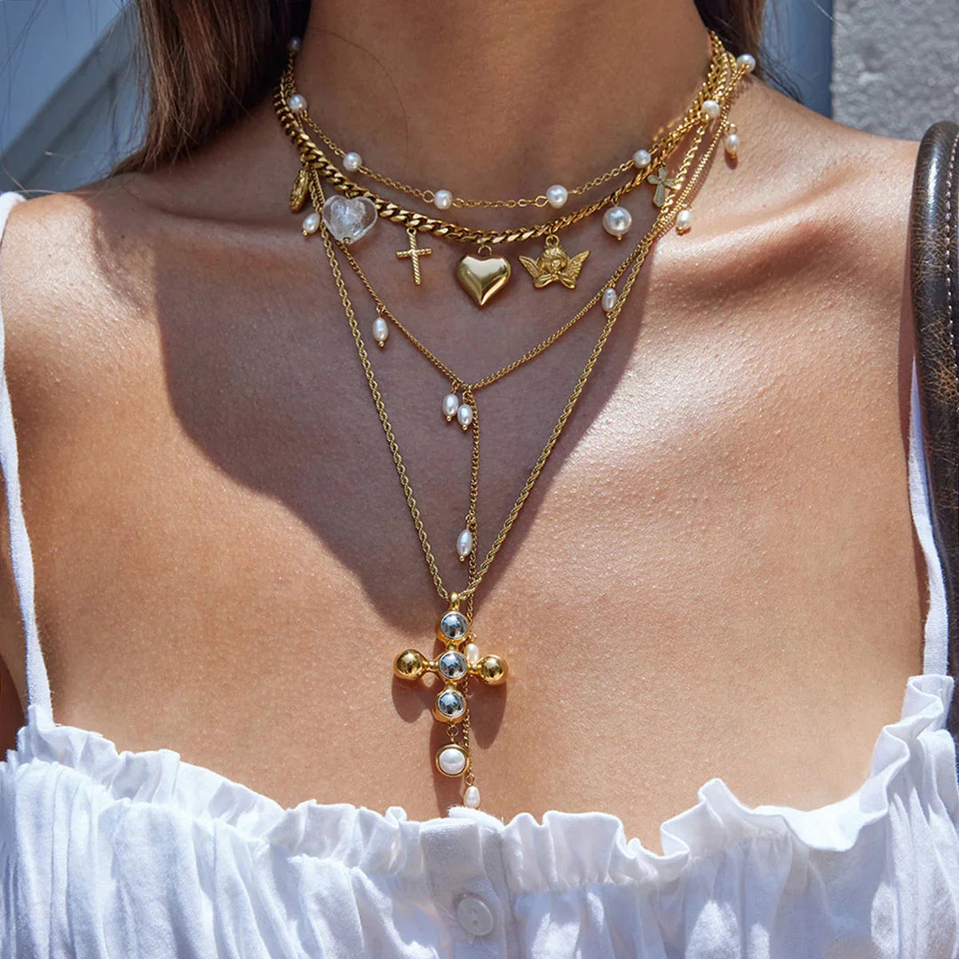 Gold Plated Faux Pearl Layered Necklace Set for Women
