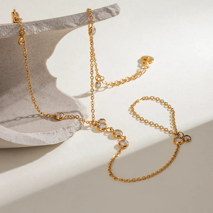 Gold-Plated Cubic Zirconia Hand Chain Bracelet for Women