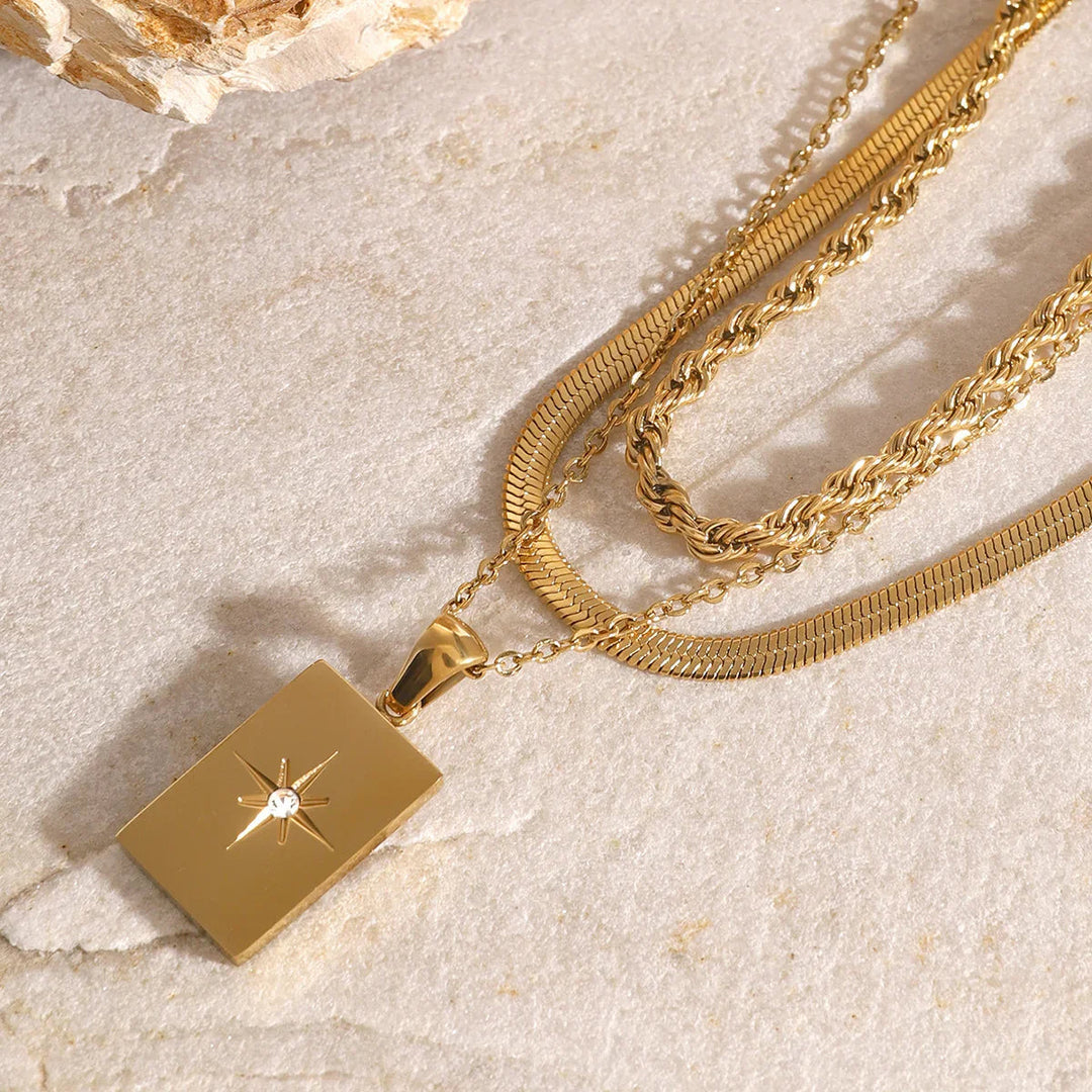 Gold-Plated Layered Necklace with Diamond Simulants