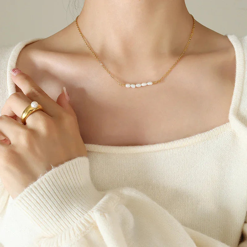 Gold-Plated Faux Pearl Chain Necklace Women